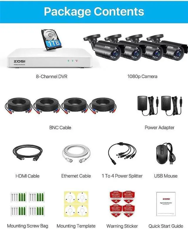 Alt view image 2 of 7 - Gadpiparty ZOSI 1080P 8 Channel Security Camera System with 1TB HDD,H.265+ 3K Lite 8CH Security DVR Recorder with 4pcs 1920TVL 1080P Security Camera 3.6mm Lens 2.0MP CCTV Camera,Motion Alert,Remote A