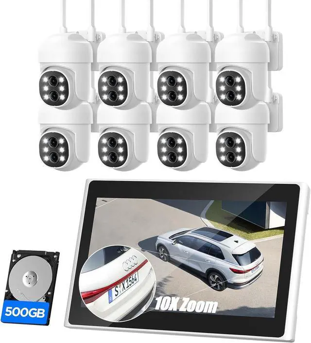 Main image of Gadpiparty 2K Security Camera System Wireless Outdoor with 10 IPS Monitor, 8pcs Dual Lens PTZ Security Camera,10x Hybrid Zoom, Auto Tracking, 2 Way Audio, Color Night Vision, No Subscription, 500GB