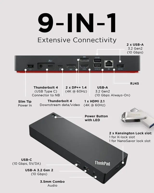 Alt view image 3 of 7 - Lenovo ThinkPad Universal Thunderbolt 4 Dock, 4 Displays, Dynamic Power Charging up to 100W, Black