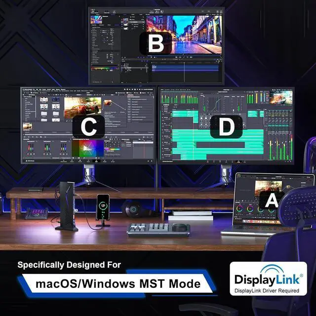 Alt view image 3 of 7 - PORTTA 14 in 1 Displaylink Docking Station Triple Monitor 4K 60Hz with 150W Power Adapter, HDMI x3, USB x6, Ethernet, SD/TF, 100W PD, Audio/Mic, Compatible with MacOS/Windows SST/MST, Driver Required