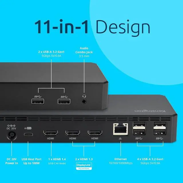 Alt view image 3 of 6 - Kensington SD4760P 11-in-1 USB-C Docking Station Triple Monitor DisplayLink Docking Station, 3xHDMI, 100W Charging for Laptop, 6xUSB A, Ethernet, Audio, for Mac and Windows Driver Require K33622NA