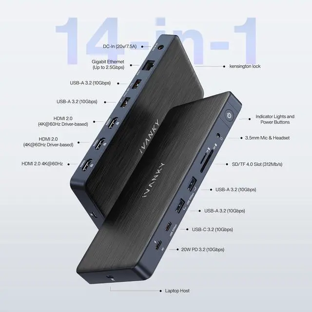 Alt view image 2 of 7 - iVANKY 14-in-1 FusionDock Pro 1+ for M1/ M2/ M3/M4 MacBook DisplayLink Docking Station with 180W Power Adapter, Triple 4K@60Hz Monitor Mac mini Air Dock 3HDMI 2.0, 96W PD, 10Gbps, 2.5GbE, SD/TF 4.0