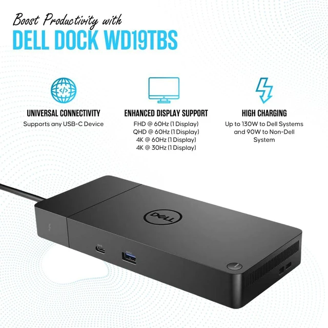 Alt view image 3 of 6 - WD19TBS Thunderbolt Dell Dock - 1 Year Warranty - Dell Docking Station Dual Monitor with 180W, HDMI Cable, DisplayPort Cable - Laptop & Computer Docking Station