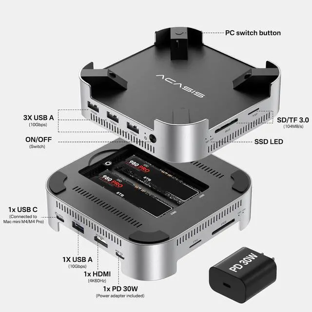Alt view image 2 of 7 - ACASIS Mac mini M4 Dock & Stand with Dual-Bay NVMe SSD Enclosure, Aluminum HDMI Hub for Mac mini M4 and M4 Pro 2024, 4K60Hz HDMI,4 X 10G USB A, PD 30W, SD/TF, Support SSD B+M M-Key
