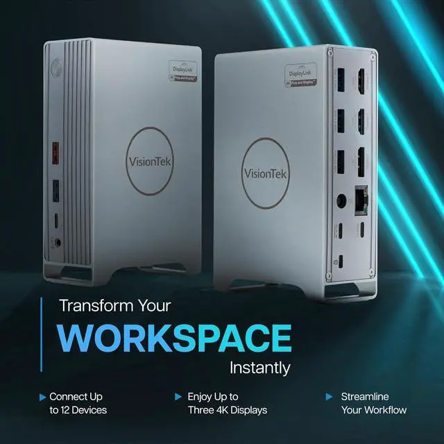 Alt view image 7 of 7 - VisionTek VT7100 11in1 Docking Station Triple Monitor 4k  x2 HDMI, x1 DisplayPort, 100W PD Port, x4 3.1 USB-A, x2 USB-C, Audio Jack, & Ethernet  Compatible with Laptops and PC