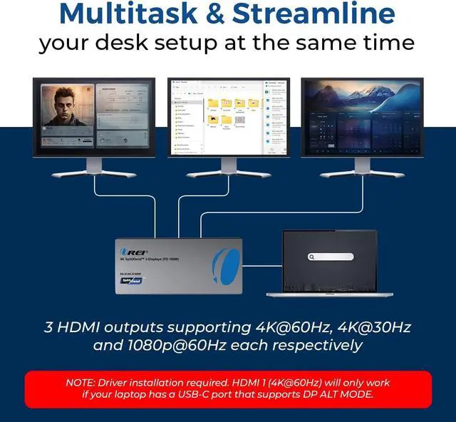 Alt view image 2 of 7 - OREI SplitExtend Laptop Docking Station 3 Monitors - 2X USB 3.0, 1x Type-C, SD Card Reader - USB C Docking Station to HDMI 2.0 Extended Screen, 4K@30Hz Outputs - 100W PD