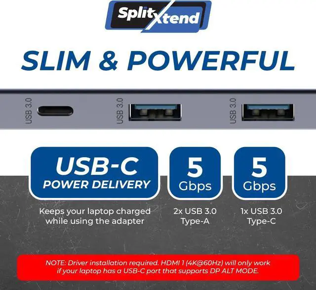 Alt view image 4 of 7 - OREI SplitExtend Laptop Docking Station 3 Monitors - 2X USB 3.0, 1x Type-C, SD Card Reader - USB C Docking Station to HDMI 2.0 Extended Screen, 4K@30Hz Outputs - 100W PD