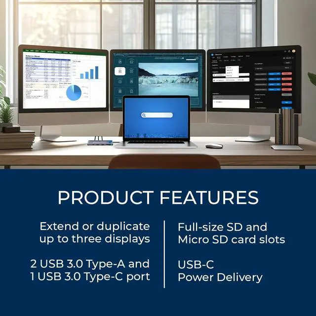 Alt view image 6 of 7 - OREI SplitExtend Laptop Docking Station 3 Monitors - 2X USB 3.0, 1x Type-C, SD Card Reader - USB C Docking Station to HDMI 2.0 Extended Screen, 4K@30Hz Outputs - 100W PD