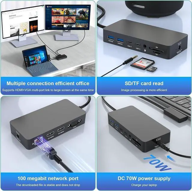 Alt view image 7 of 7 - 12 in 1 Microsoft Surface Dock Triple Displays Dual HDMI+VGA with Power Adapter,Surface pro Docking Station for Microsoft Surface Pro 11/10/9/8/X/7/6/5/4, Surface Laptop Go/7/6/5/4/3/2/1,Surface Book