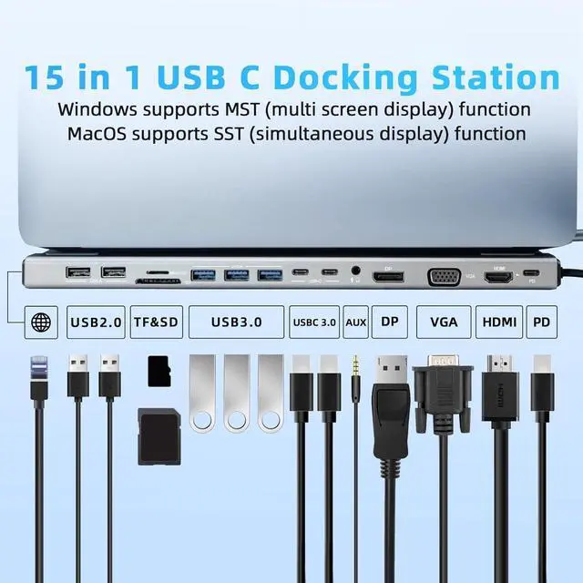 Alt view image 3 of 7 - USB C Docking Station 15 in 1, Docking Station 3 Monitors with HDMI/DP/VGA, Ethernet, USB, SD/TF, Jack, Laptop Docking for PS4, Xbox, Switch, iPhone and More(1501P)