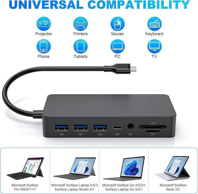 Alt view image 2 of 7 - USB C Surface Dock, Triple Display (HDMI + DP + VGA) 12-in-1 Docking Station for Surface Pro 10/9/8/X/7+/7, Surface Laptop Go 3/2/1, Surface Laptop 5/4/3, Surface Book 3/2, Surface Go 4/3/2