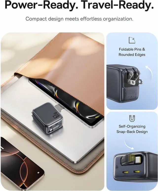 Alt view image 5 of 7 - Baseus Enercore CJ11 Retractable USB C Charger, 67W 3 in 1 Fast Charging Block with Foldable Plug, PD/PPS for Galaxy S25/iPhone 16/15 Series/MacBook Air/Airpods 4