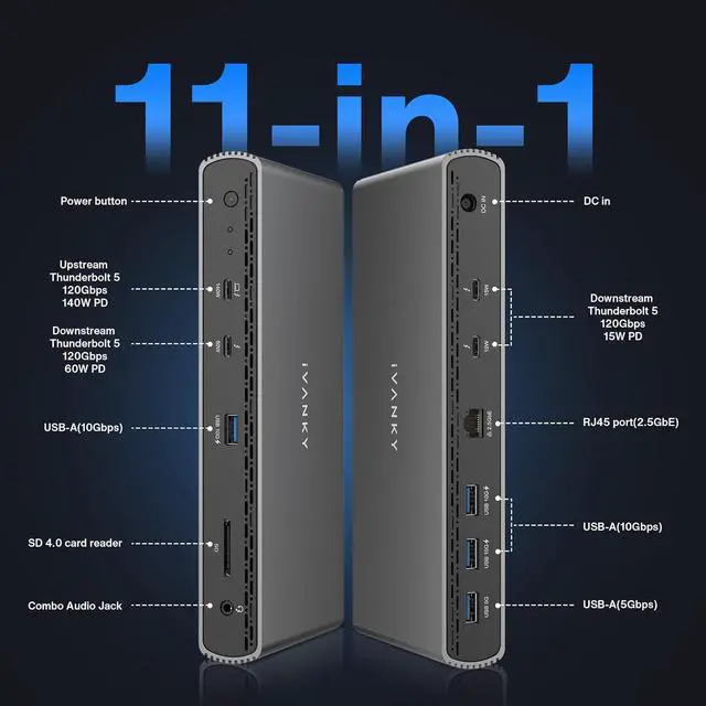 Alt view image 3 of 7 - iVANKY Thunderbolt 5 Dock FusionDock Pro 3 Docking Station 11-in-1 Hub Single 8K, Dual 6K@60Hz for MacBook M1/M2/M3/M4 Pro/Max, Triple Display for Windows TB5/4, 180W Power, 120Gbps, 2.5GbE