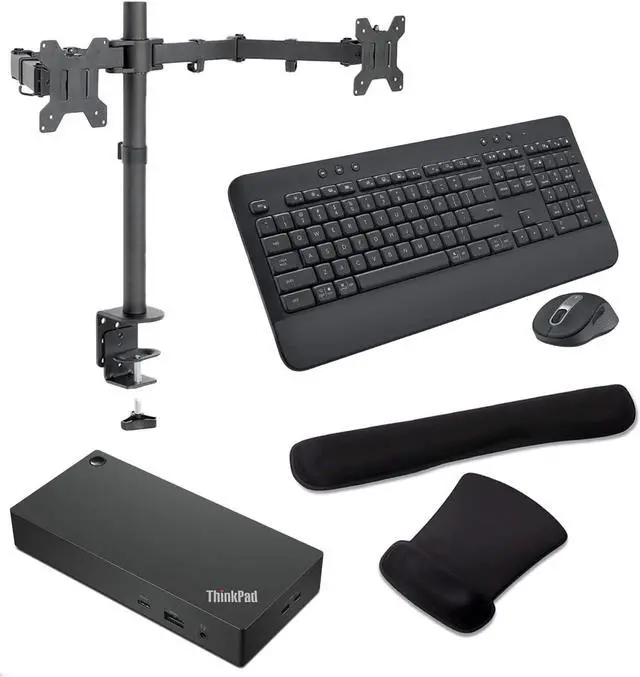 Main image of Lenovo ThinkPad Universal USB-C Dock 90W 4K Support, HDMI, USB-C, DisplayPort, USB Hub Bundled with Desk Mount Dual Monitor Stand, MK650 Wireless Keyboard & Mouse, Gel Mouse & Wrist Pad