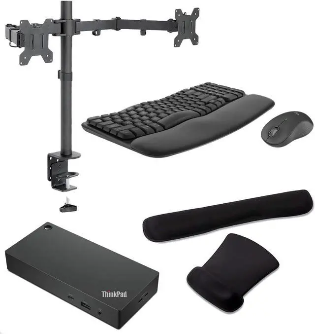 Main image of Lenovo ThinkPad Universal Smart USB-C Dock 96W 4K, HDMI, USB-C, DisplayPort, Bundled with Desk Mount Dual Monitor Stand, MK670 Wireless Keyboard & Mouse, Gel Mouse & Wrist Pad