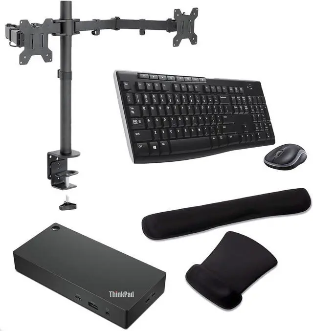 Main image of Lenovo ThinkPad Universal Smart USB-C Dock 96W 4K, HDMI, USB-C, DisplayPort, Bundled with Desk Mount Dual Monitor Stand, MK270 Wireless Keyboard & Mouse, Gel Mouse & Wrist Pad