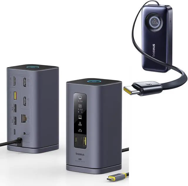Main image of Baseus SpaceMate(MAC) Docking Station Bundle with Enercore Power Bank, 3 Monitors with 4K HDMI, 10Gbps USB Ports20000mAh Fast Charging Portable Charger Built-in 67W Retractable USB-C Cable,