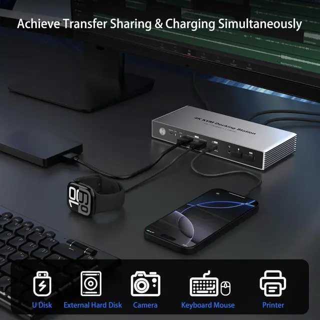 Alt view image 4 of 7 - Dual Monitor KVM Switch Docking Station 4K@60Hz for 2 Computers Sharing Keyboard, Mouse, Video, USB, and Audio Devices, with USB-C 7.5W & 15W PD Charging, Supports MST for Windows, SST for macOS