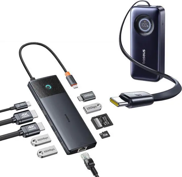 Main image of Baseus Docking Station Dual Monitor Bundle with Enercore Power Bank, 20000mAh Fast Charging Portable Charger Built-in 67W Retractable USB-C Cable, 10Gbps 10 in 1 Docking Station