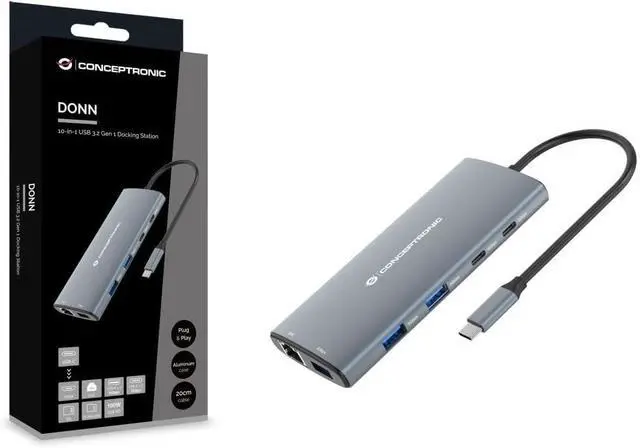 Alt view image 3 of 7 - DONN06G 10-in-1 USB 3.2 Gen 1 Docking Station, HDMI, 100W USB PD, USB-C 5Gbps x 2, USB-A 5Gbps x 3, SD, TF/MicroSD, GbE