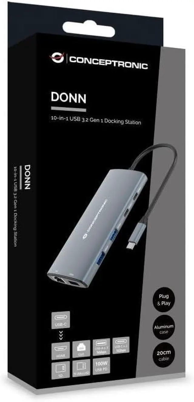 Alt view image 7 of 7 - DONN06G 10-in-1 USB 3.2 Gen 1 Docking Station, HDMI, 100W USB PD, USB-C 5Gbps x 2, USB-A 5Gbps x 3, SD, TF/MicroSD, GbE