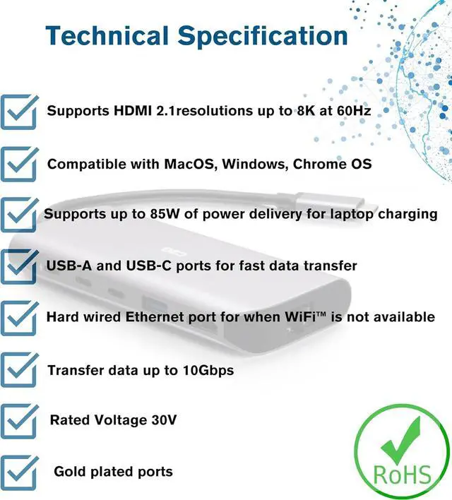 Alt view image 5 of 6 - C2G USB-C® 4.0 6-in-1 Mini Docking Station with HDMI®, USB-A, Ethernet, and USB-C® 85W 8K 60HZ