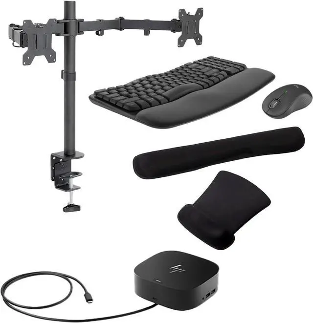 Main image of HP G5 Mulitport Dock 100W, Three 4K Displays Supported for Business, DisplayPort and USB Hub Bundled with Desk Mount Dual Monitor Stand, MK670 Wireless Keyboard/Mouse Set and Gel Pads