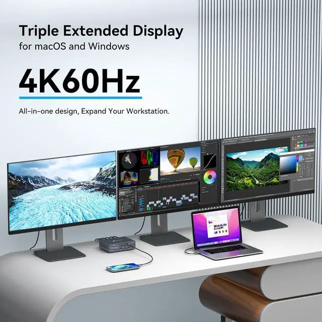 Alt view image 3 of 7 - Thunderbolt Docking Station 4K@60Hz 3 Monitors for M1 M2 M3 M4 MacBook/Air with DisplayLink Technology,19-in-1 USB C Dock with 2 HDMI & 2 DisplayPort,PD 100W/USB 3.2 10G USB/Ethernet/Card Readers