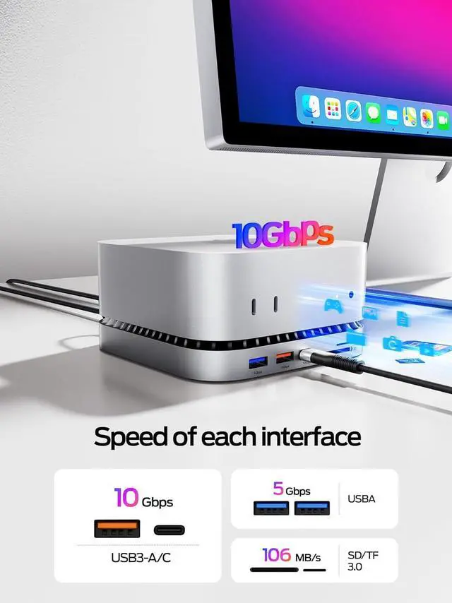 Alt view image 3 of 7 - MOVE SPEED Mac mini M4 Dock Enclosure, 10 in 1 Aluminum Stand Hub, 10Gbps USB-C/A, 4K60Hz HDMI, SD/TF Reader, Space-Saving Vertical Design