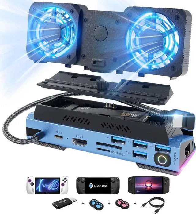 Main image of Steam Deck OLED&ROG Ally X&Legion GO - 14-in-1 Docking Station Dismantling Dual Cool Fans Steam, M.2 NVMe Enclosure,4K@60Hz,4 USB Ports,100W PD Charging, Gigabit Ethernet Fit for Steam Deck
