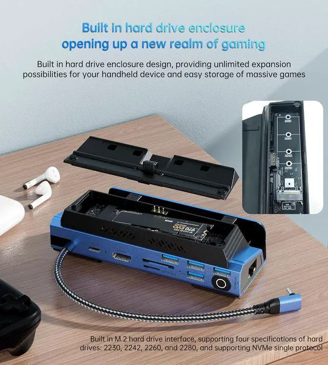 Alt view image 6 of 6 - Legion Go/ROG Ally/Steam Deck Dock - 14-in-1 Docking Station Dismantling Dual Cool Fans Steam, M.2 NVMe Enclosure,4K@60Hz,4 USB Ports,100W PD Charging, Gigabit Ethernet Fit for Steam Deck