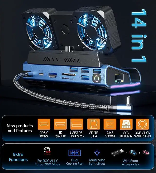 Alt view image 3 of 6 - Legion Go/ROG Ally/Steam Deck Dock - 14-in-1 Docking Station Dismantling Dual Cool Fans Steam, M.2 NVMe Enclosure,4K@60Hz,4 USB Ports,100W PD Charging, Gigabit Ethernet Fit for Steam Deck