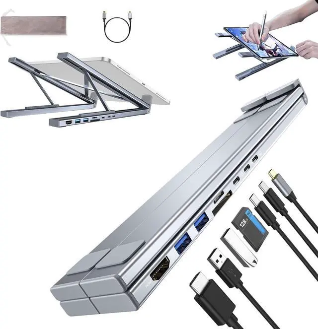 Main image of Civilizek 8-in-1 USB-C Laptop Stand, Portable Aluminum Foldable Computer Stand, Adjustable Dock Tablet, 8 in 1 USB C Hub with Docking Station with 4k HDMI, 2 USB 3.0 for Travel, Office(1Pc)