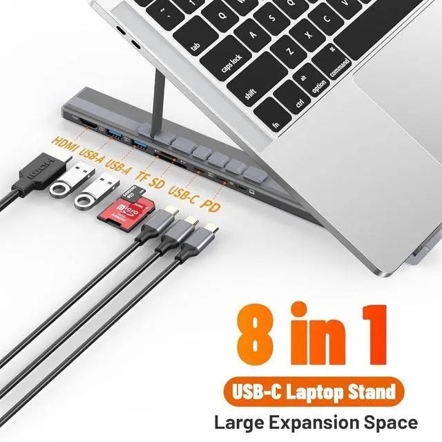 Alt view image 2 of 7 - Civilizek 8-in-1 USB-C Laptop Stand, Portable Aluminum Foldable Computer Stand, Adjustable Dock Tablet, 8 in 1 USB C Hub with Docking Station with 4k HDMI, 2 USB 3.0 for Travel, Office(1Pc)