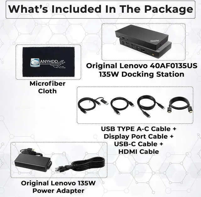 Alt view image 2 of 7 - 40AF0135US Thinkpad Docking Station Dual Monitor Bundle - Docking Station USB C with USB-A + USB Type-A Adapter + HDMI Cable + DisplayPort Cable + USB-C Cable + Microfiber Cloth (New)