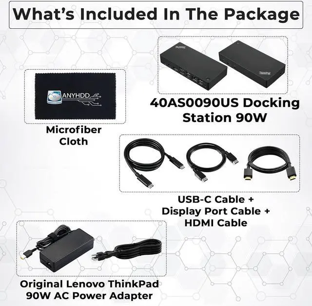 Alt view image 2 of 7 - 40AS0090US Lenovo Thinkpad Docking Station Gen 2-1 Year Warranty, Lenovo Docking Station for Laptop with 90W Adapter, HDMI, USB-C, DisplayPort Cables & Cloth - Universal Thunderbolt 3 Dock