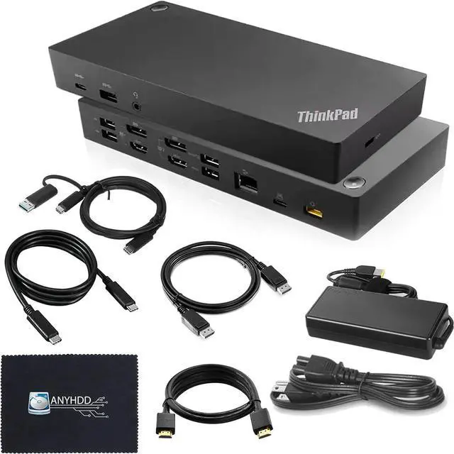 Main image of 40AF0135US Thinkpad Docking Station Dual Monitor Bundle - Docking Station USB C with USB-A + USB Type-A Adapter + HDMI Cable + DisplayPort Cable + USB-C Cable + Microfiber Cloth (New)