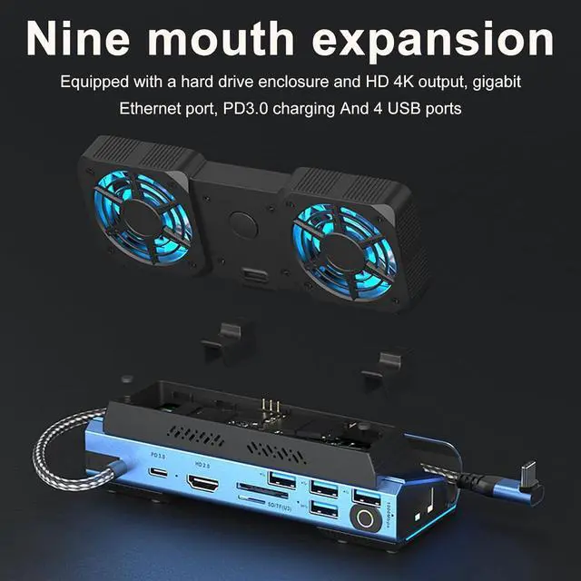 Alt view image 2 of 7 - 10-in-1 Type-c Game Docking Station for steam Deck/ROG Ally/Switch M.2 PCie nvme Hard Disk Box,USB C HUB 4K60HZ, 100w 10Gbps,Dual Fan Cooling,USB3.0 Card Reader,1000Mbps