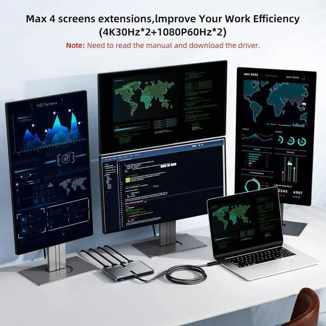 Alt view image 2 of 7 - USB A/C 3.0 to 4xHDMI Adapter Support Mirror/Extend Mode Compatible with Mac/Win,5-in-1 USB C Docking Station(4K30Hz x2+1080P60Hz x2+Type C 3.0), 4 Monitor Docking Station with 4 HDMI