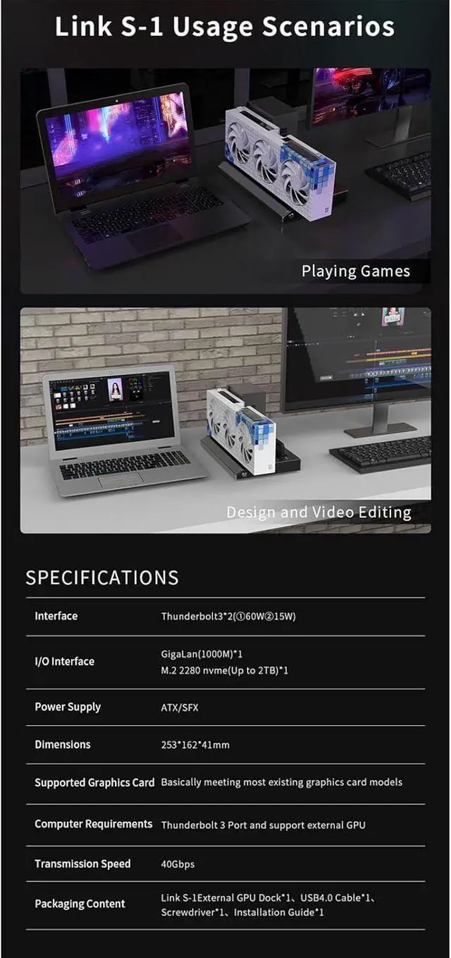 Alt view image 7 of 7 - External GPU Dock Station Compatible with Thunderbolt 3/4, USB4.0 40Gbps M.2 Nvme SSD 1000Mbps RJ45 Laptop External GPU Dock Station for OS X 10.13.4 and Later.