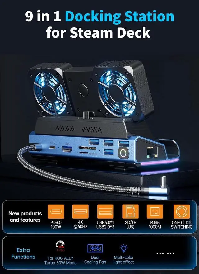 Alt view image 2 of 7 - 9-in-1 Docking Station for Steam Deck, ROG Ally X & Legion Go, Dual Cooling Fan USB C Docking Station with HDMI 4K 60Hz, 1000Mbps, 4*USB 3.0, USB C 100W PD, SD TF Slot