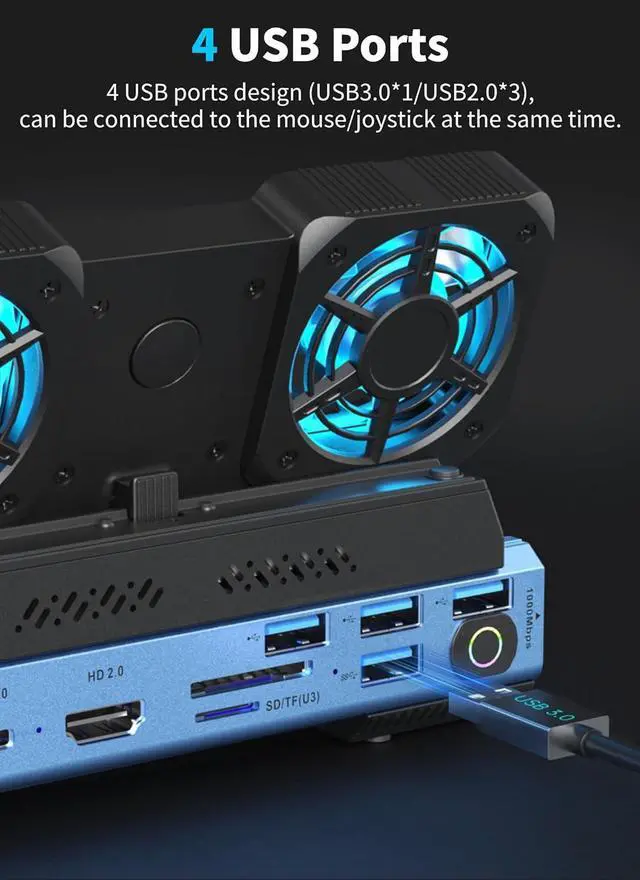 Alt view image 6 of 7 - 9-in-1 Docking Station for Steam Deck, ROG Ally X & Legion Go, Dual Cooling Fan USB C Docking Station with HDMI 4K 60Hz, 1000Mbps, 4*USB 3.0, USB C 100W PD, SD TF Slot