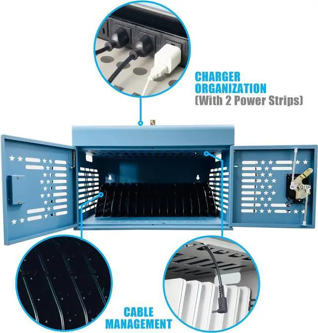 Alt view image 4 of 7 - 16-Device Laptops Charging Cabinet, Locking Charging Station for Chromebook iPads, Tablet Charging Storage Box for Classroom Library Office, Lock Laptop Charging Storage Cabinet, Blue