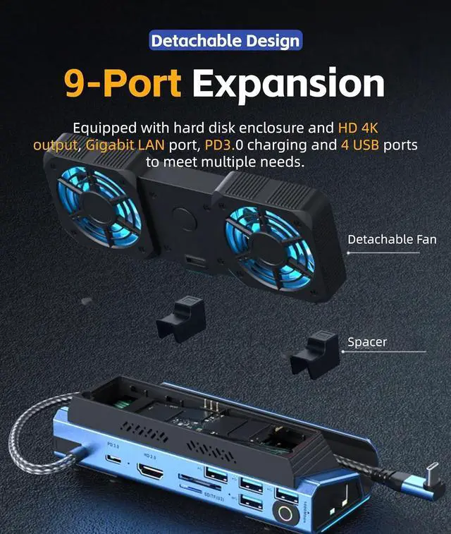 Alt view image 4 of 7 - for Legion Go ROG Ally Steam Deck Dock 10 in 1 USB C Docking Station, Detachable Dual Cooling Fan, 4K 60Hz HDMI, Gigabit Ethernet, 4 USB 3.0, PD100W, M.2 NVMe, SD TF