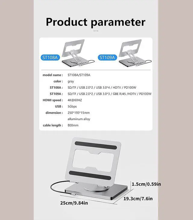 Alt view image 6 of 7 - 10 in 1 Laptop Docking Station with 360 Degree Rotating Base Stand for Efficient Office Use and Device Connection Holder