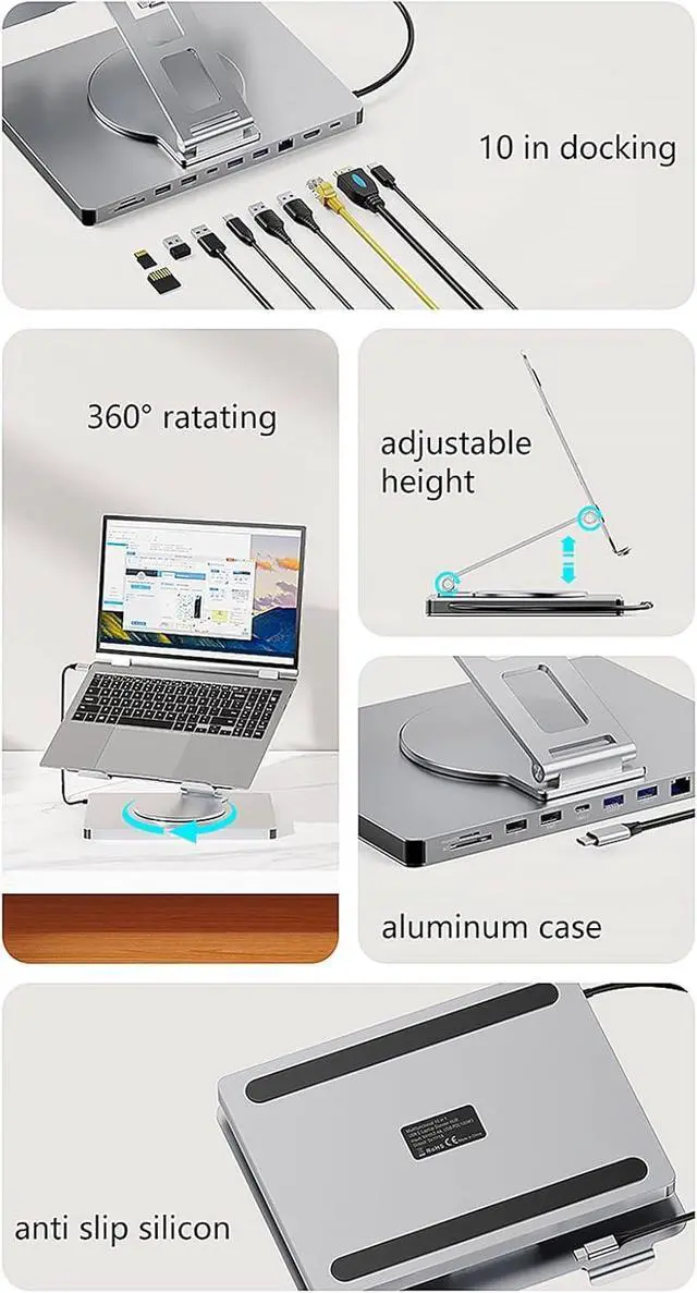 Alt view image 7 of 7 - 10 in 1 Laptop Docking Station with 360 Degree Rotating Base Stand for Efficient Office Use and Device Connection Holder