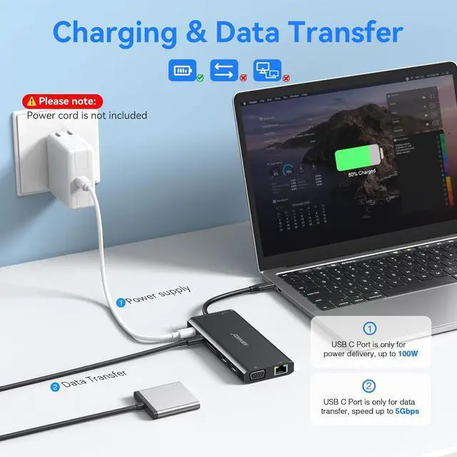 Alt view image 5 of 7 - USB C Docking Station Dual Monitor for /HP//Surface Laptop 14 in 1 Triple Display Hub Multiple Adapter Dongle with 2 HDMI 4K VGA 5 Port 100W PD Charger Ethernet SD/TF Audio(Black)