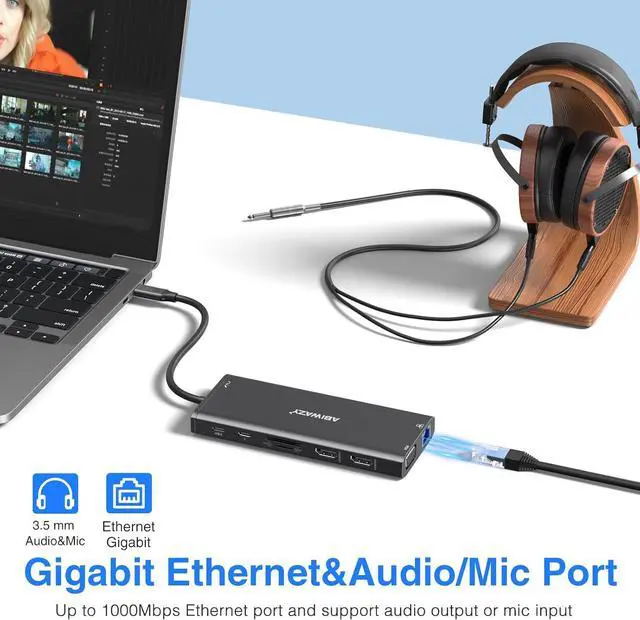 Alt view image 6 of 7 - USB C Docking Station Dual Monitor for /HP//Surface Laptop 14 in 1 Triple Display Hub Multiple Adapter Dongle with 2 HDMI 4K VGA 5 Port 100W PD Charger Ethernet SD/TF Audio(Black)