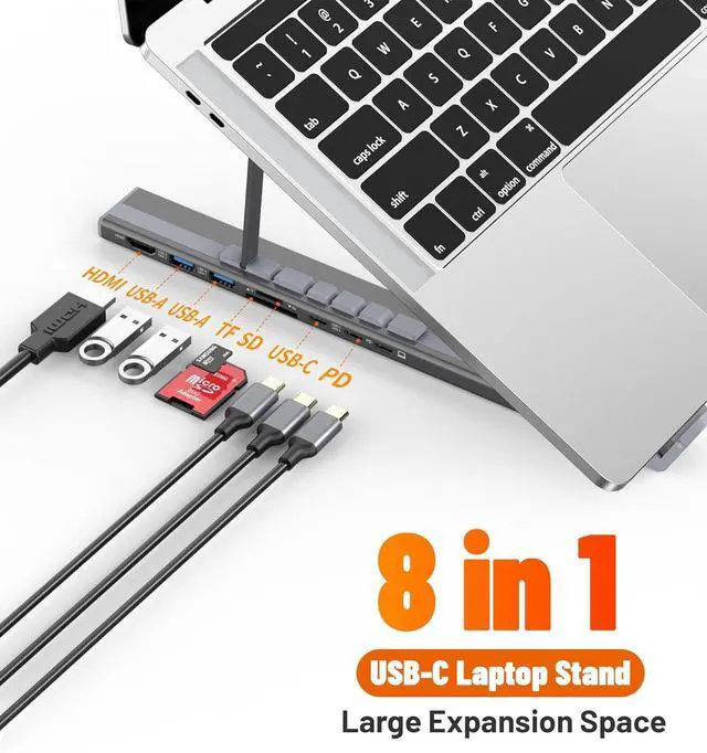 Alt view image 2 of 7 - 8-in-1 USB-C Laptop Stand, 8 in 1 USB C Laptop Docking Station Stand with 4k HDMI, 100w Pd, USB 3.0, SD/TF, Foldable Ergonomic Stand, Plug and Play for Travel, Office, Or Remote Work (2Pcs)