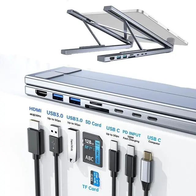 Alt view image 3 of 7 - Civilizek 8-in-1 USB-C Laptop Stand, Portable Tablet Stand with Docking Station USB-C Hub, Adjustable Multiport Adapter Dock Station with 4k HDMI, 2 USB 3.0, Pd 100w for Offices, Cafe